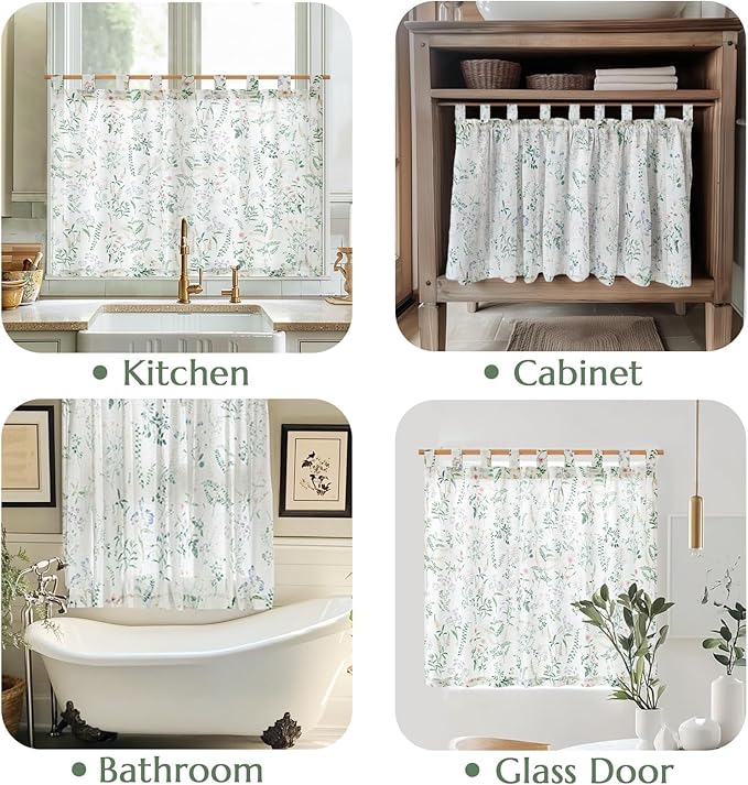 JINCHAN Linen Kitchen Curtain Floral Printed Tier Curtain 36 Inch Farmhouse - Image 3