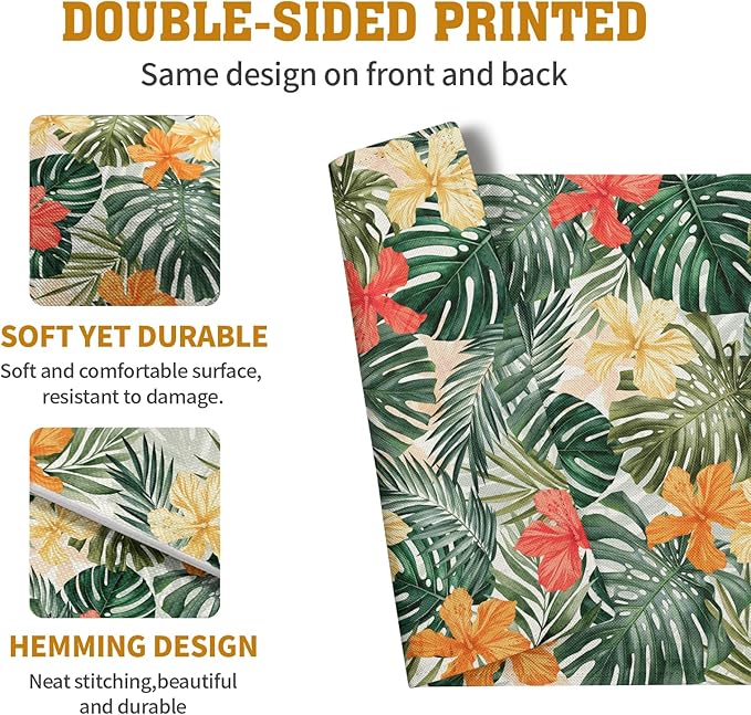 Tropical Palm Leaves Table Mats Set of 4 Summer Watercolor Hibiscus Flower Leaf - Image 5
