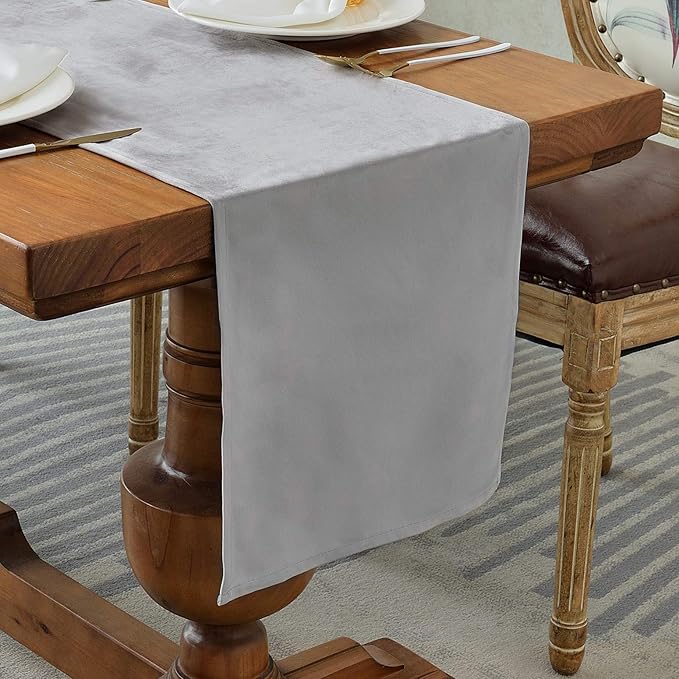 BALCONY & FALCON Velvet Table Runner 14"x95" Silver Gray Luxury Machine by BALCONYFALCON