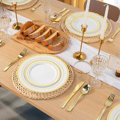 BESTVIP 700PCS Gold Plastic Dinnerware Set for 100 Guests, Disposable Plates for Party, Include: 200 Plastic Plates, 100 Pre Rolled Napkins with Gold Silverware, 100 Cups for Christmas, Halloween