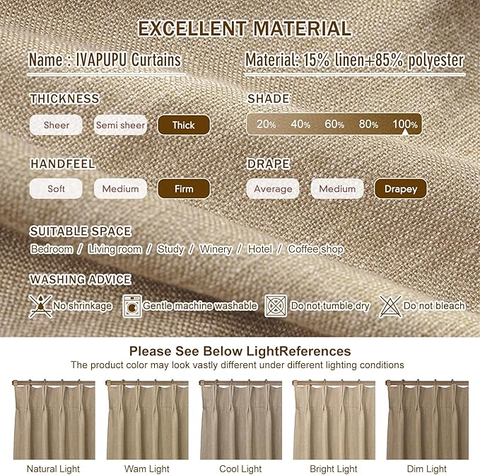 IVAPUPU Sand Pinch Pleated Full Blackout Linen Curtains - Image 8