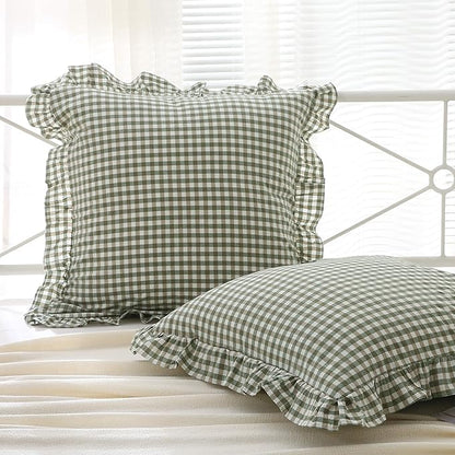 2 Pack Sage Green Plaid Ruffle Gingham Euro Shams Pillow Covers, 100% Washed by KMASANIJI
