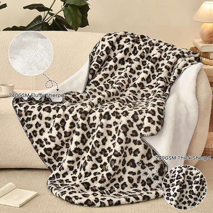 PHF Leopard Print Sherpa Fleece Throw Blanket - Image 6