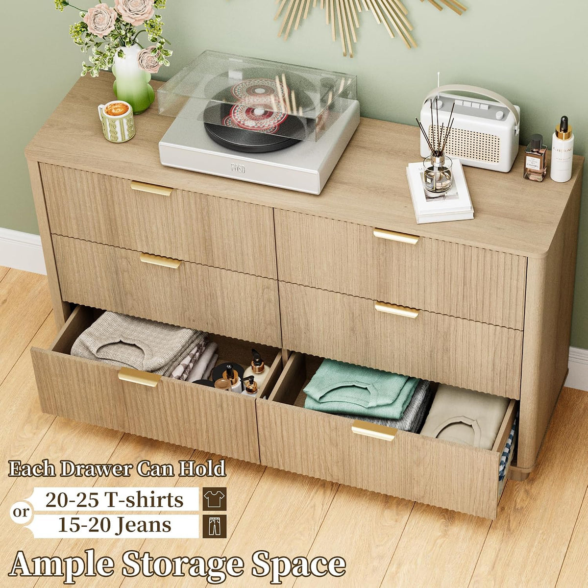 fluted dresser for bedroom with 6 drawers, 54", side view