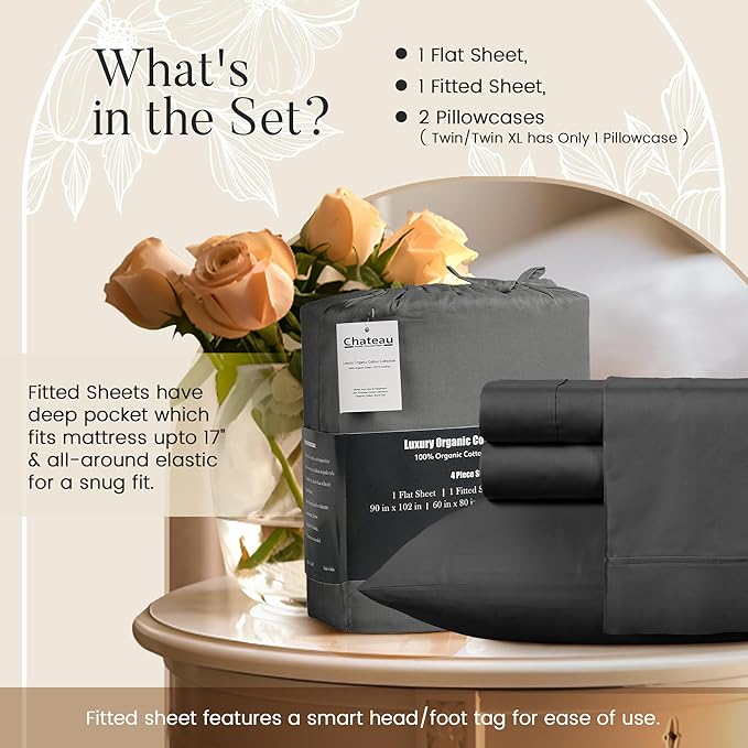 100% Organic Cotton Twin Sheets Set, 300TC Sateen Weave 3 PC Twin Bed Sheets - Image 5