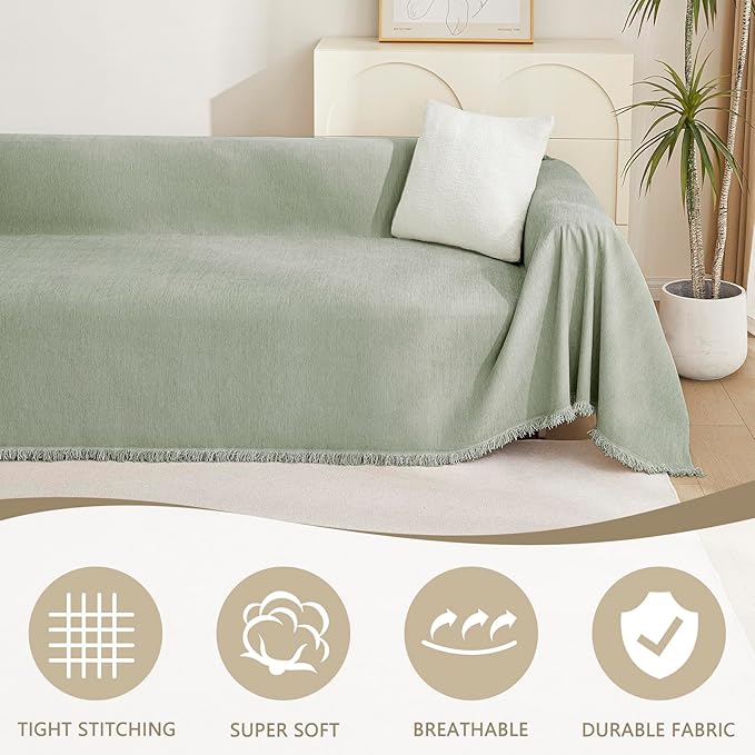 MYSKY HOME Green Sofa Covers Tassel Couch Cover - Image 2