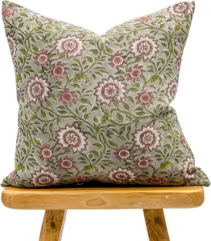 Designer Flowers Printed on Natural Linen Pillow Cover | Grey Green and Dusty by Krinto