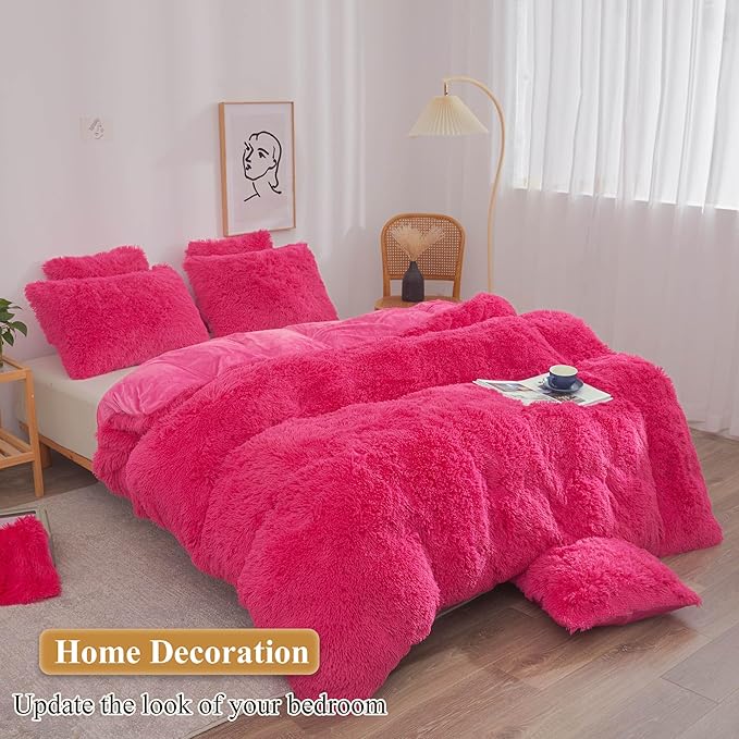 XeGe Faux Fur Fluffy Pillow Cases, Soft Plush Shaggy Furry Hot Pink Pillowcases - Image 6