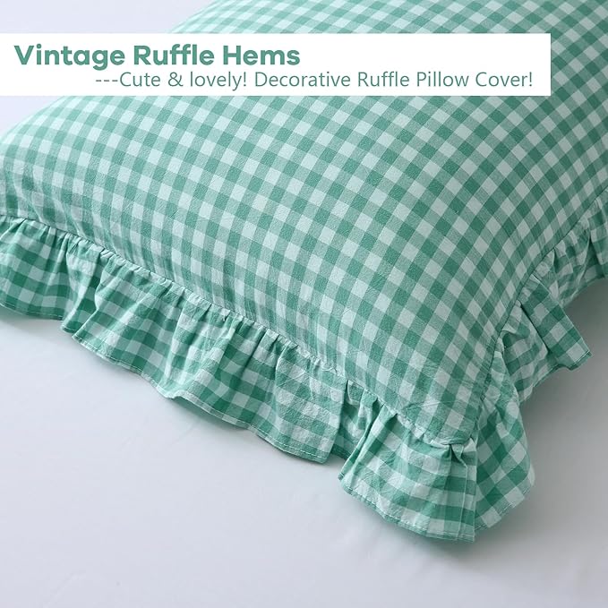 Spa Blue White Plaid Ruffle Gingham Bedding Body Pillow Cover, 100% Washed - Image 4
