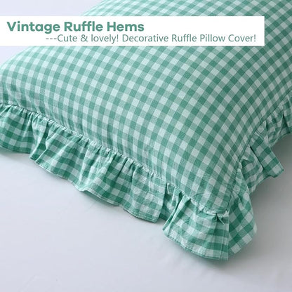 Spa Blue White Plaid Ruffle Gingham Bedding Body Pillow Cover, 100% Washed - Image 4