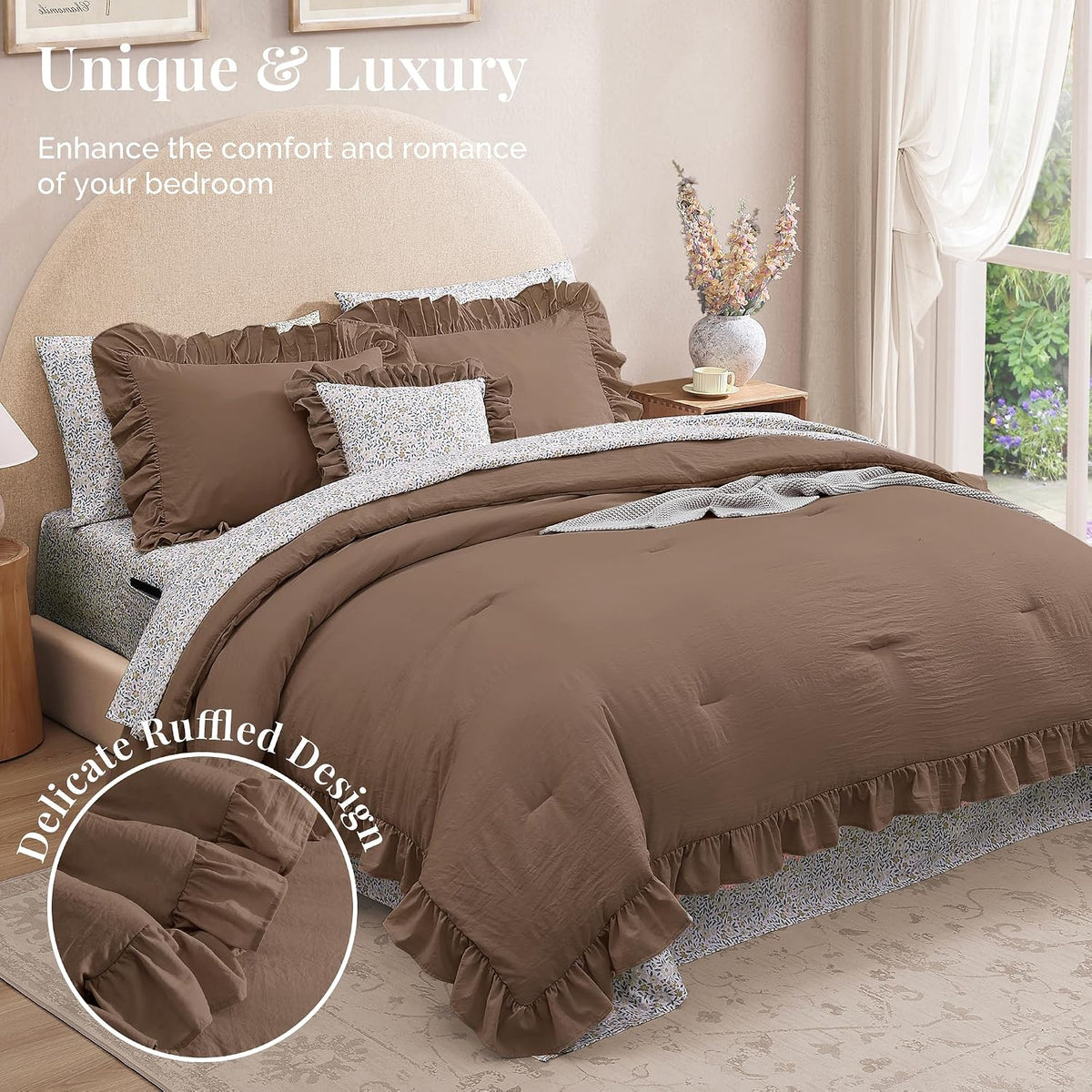 bloomhaven queen comforter set-7 pieces ruffle bedding with shown in use