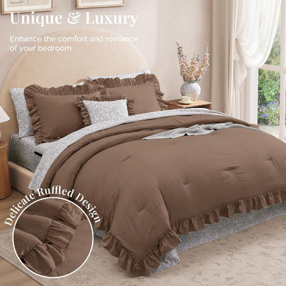 bloomhaven queen comforter set-7 pieces ruffle bedding with shown in use
