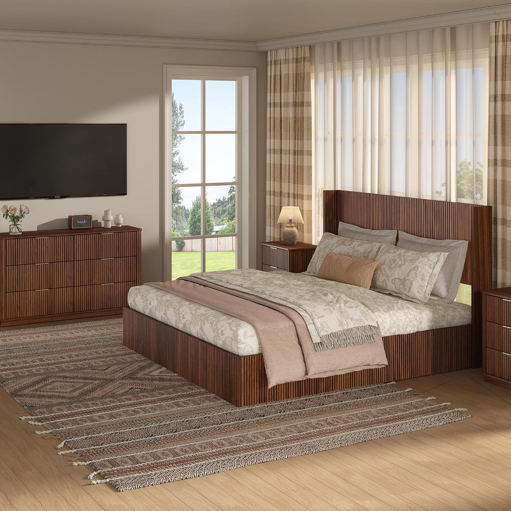 VMU Fluted Queen Size Platform Bed Frame with Lift up Storage