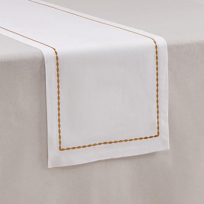 Home Ekaa Cotton Linen Table Runner 90 Inches Long – Motif Embroidery White by HomeEkaa