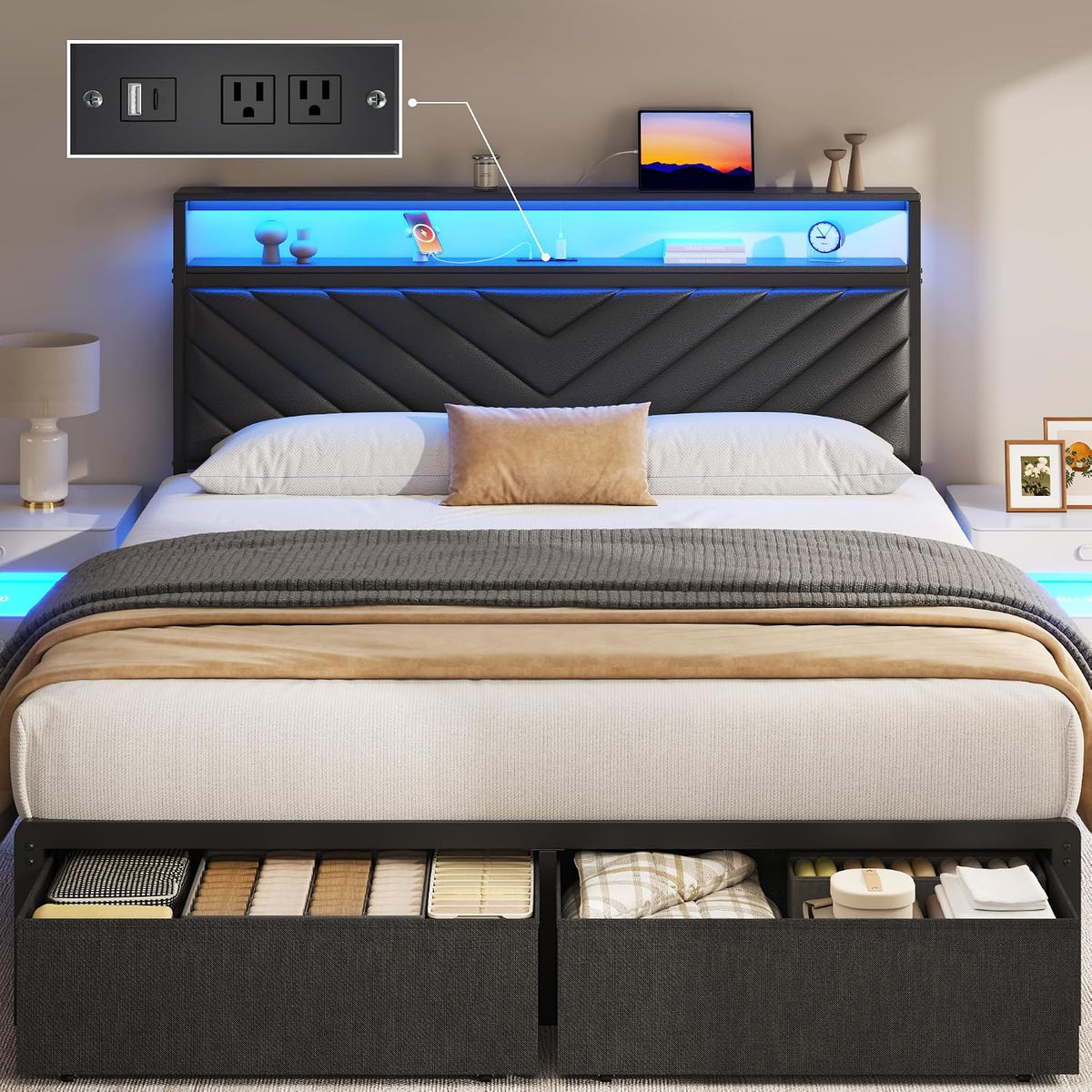 fluest queen bed frame with 2 drawers, upholstered, main product view