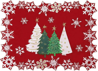 Christmas Tree Table Runner Embroidered Xmas Red White Snowflakes Runners Snow - Image 7