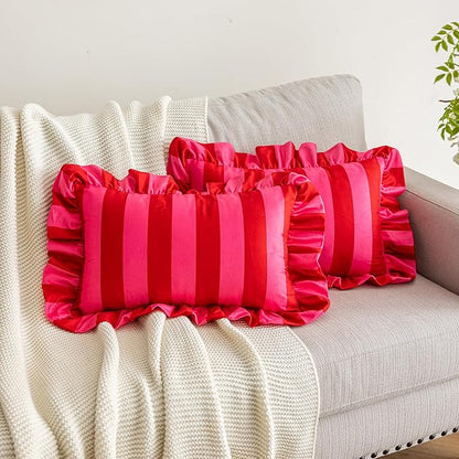 vctops Ruffle Lumbar Throw Pillow Covers Boho Pink and Red Striped Decorative by vctops