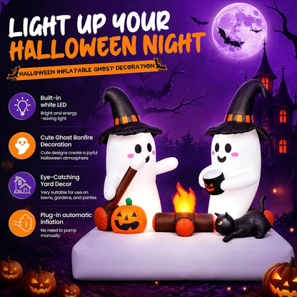 Halloween Inflatables Outdoor Decorations, 5.5FT Blow Up Yard Decorations Twin Ghosts with Campfire Pumpkin Black Cat, Built-in LED Lights, 7 Stakes 3 Hooks for Lawn Porch Party
