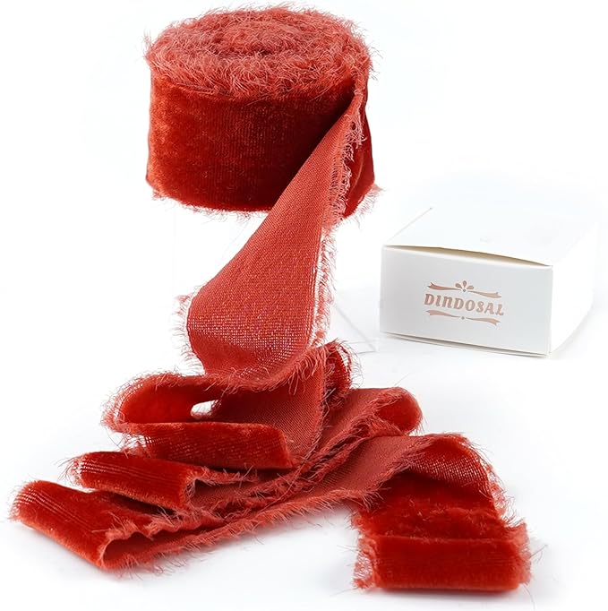 Rust Red Silk Velvet Ribbon 1.5 Inch Frayed Edge Ribbon Rustic Style Fringe by DINDOSAL