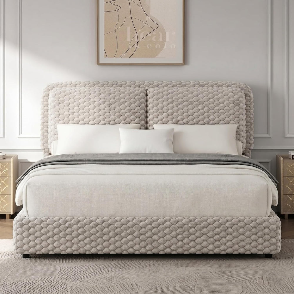 REVOMINCA Full Size Bed Frame with Headboard, Upholstered Bed Frame, Cream