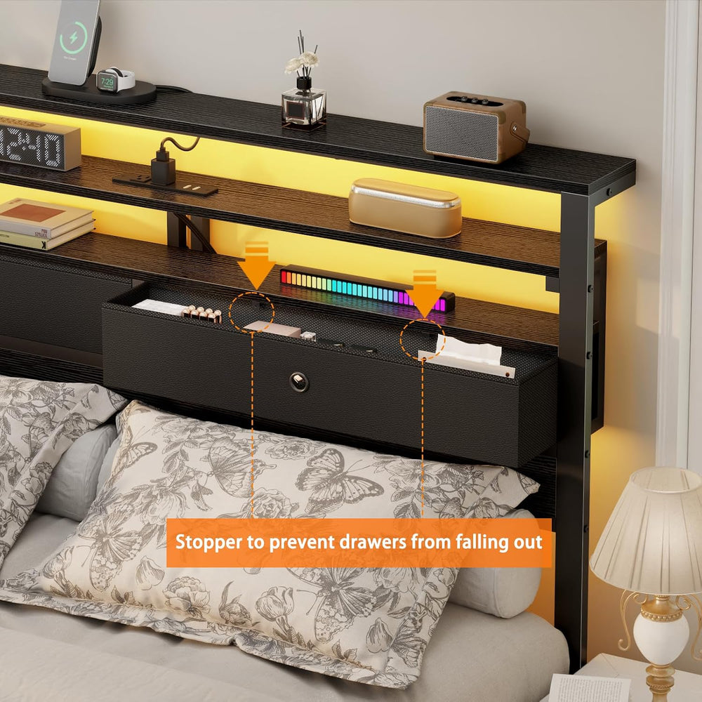 Furnulem Full Size Bed Frame with Headboard & 2 Fabric Drawers, Black Oak