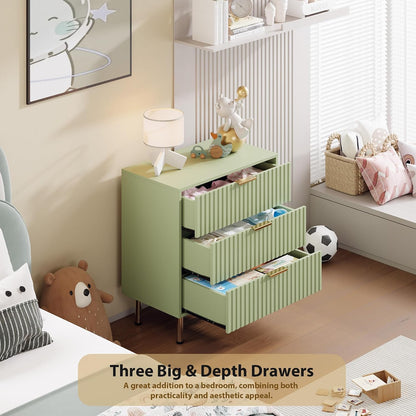 garveehome fluted green 3 drawer dresser for bedroom, side view