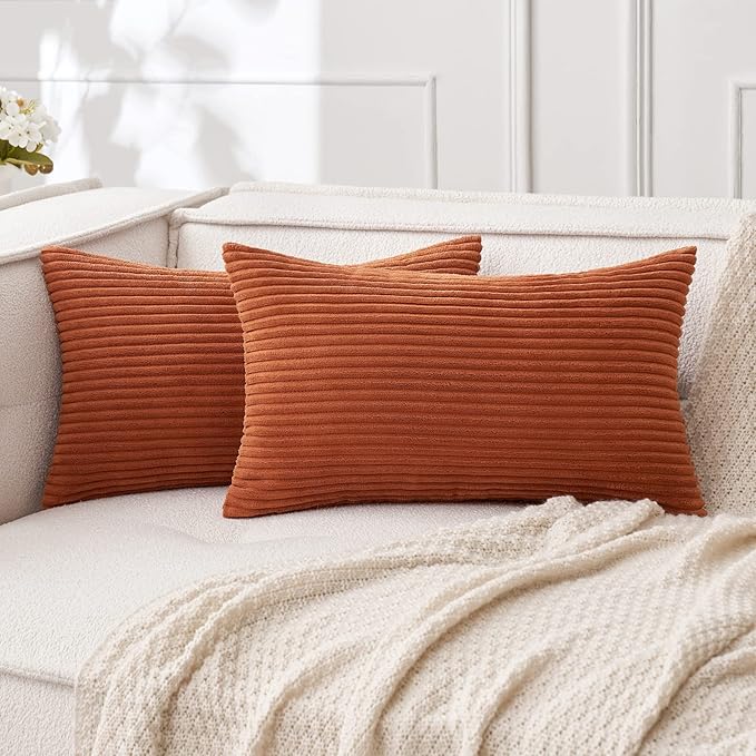 MIULEE Pack of 2 Rust Pillow Covers 12x20 Inch Soft Boho Striped Corduroy Throw by MIULEE