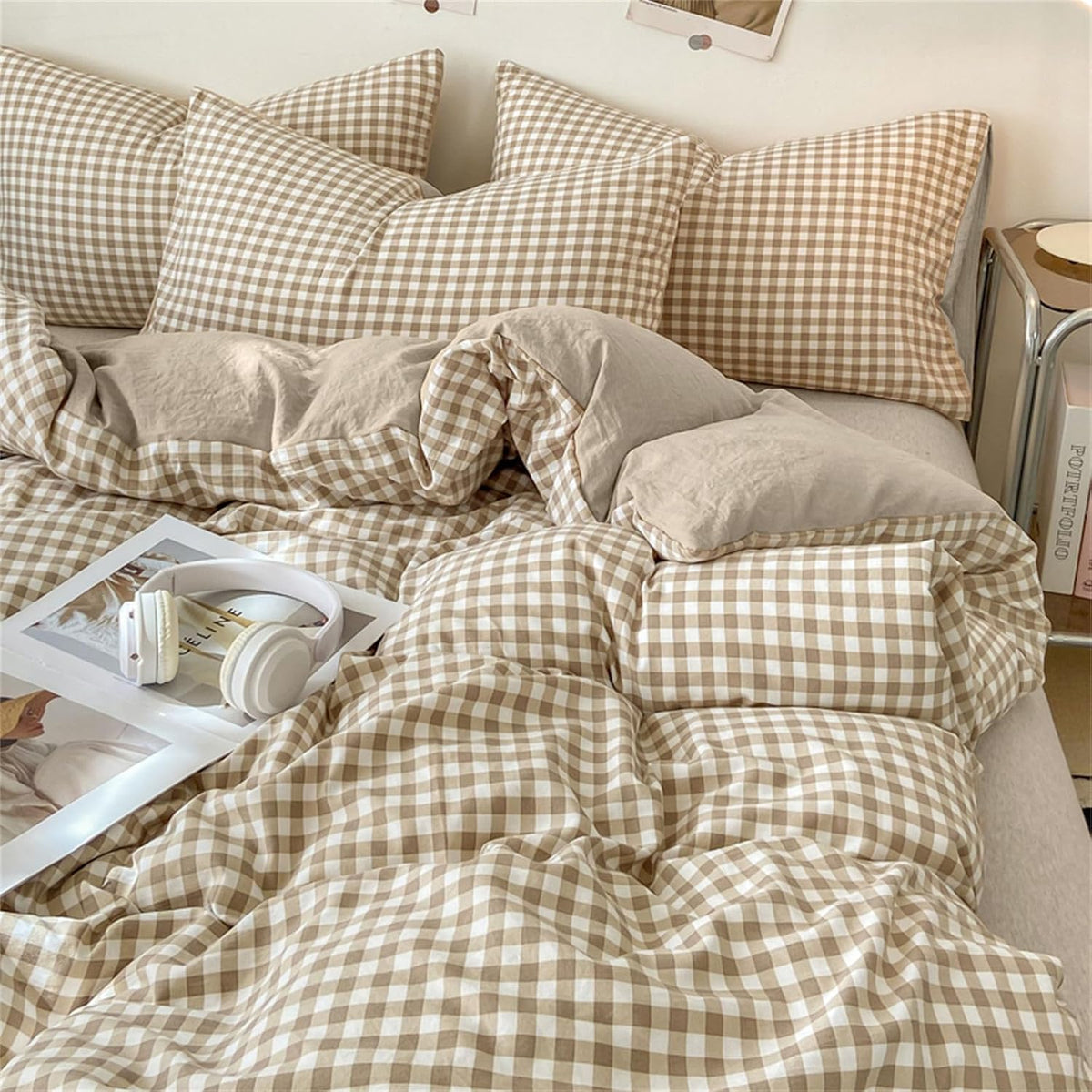 nayoroom gingham duvet cover set queen brown tan, main product view