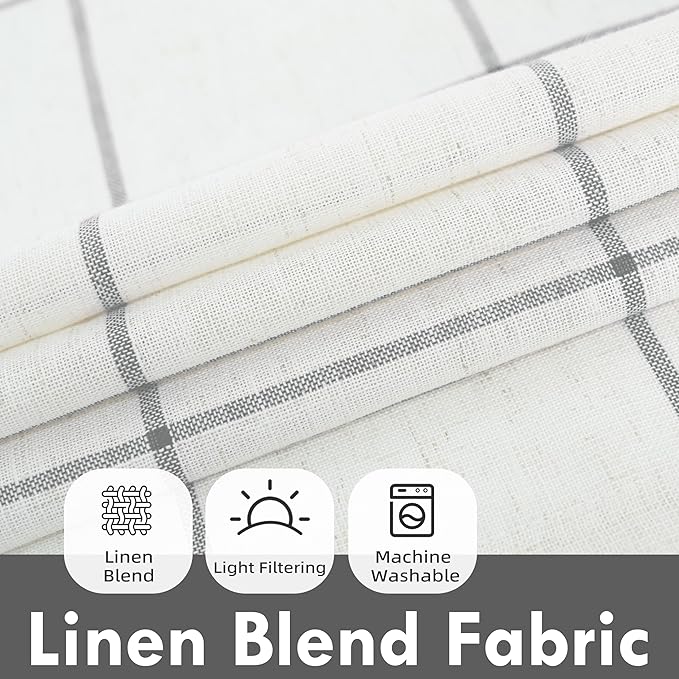 DriftAway Kitchen Curtains Striped Tier Linen Short Curtains Windowpane Plaid - Image 2