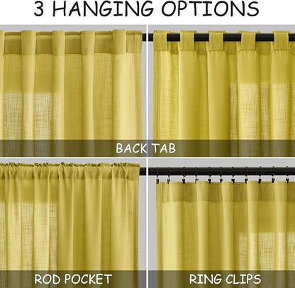 Celery Yellow Textured Linen Blend Drapes 96 Inch Long 2 Panels Set Back Tab - Image 2