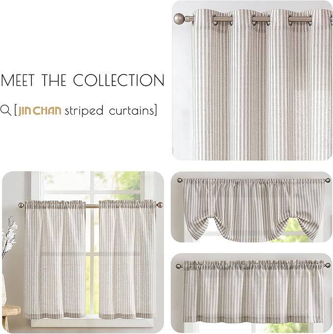 jinchan Tab Top Linen Kitchen Curtains 24 Inches Striped Tier Curtains - Image 7