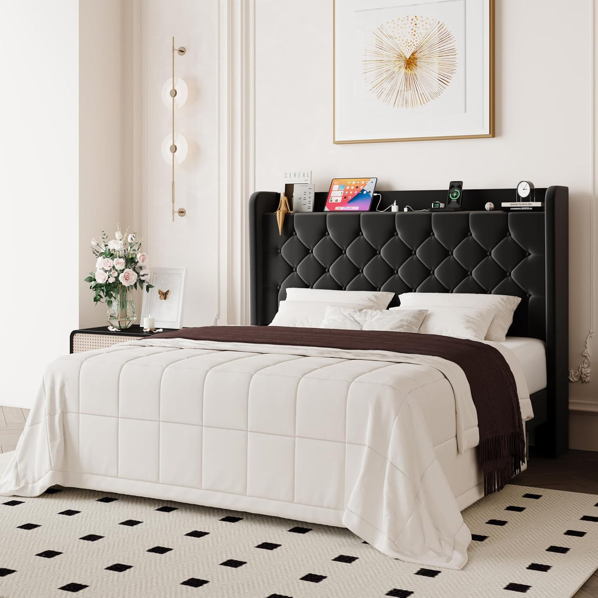 allewie queen bed frame, storage headboard & charging, close-up detail