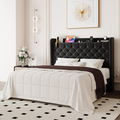 allewie queen bed frame, storage headboard & charging, close-up detail