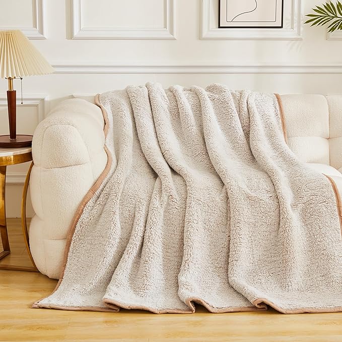 EMME Soft Sherpa Fleece Blanket Reversible Plush Fluffy Large Blanket, Light - Image 7