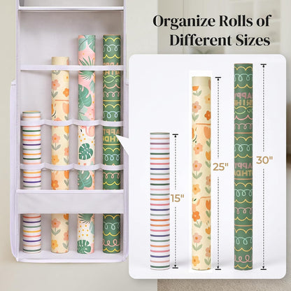 Ordovibe Wrapping Paper Storage Organizer, Over The Door Gift Wrap Holder with Removable Drawer & Side Mesh Pockets – Space Saving Closet Organizer for Christmas, Halloween, Birthday Rolls Supplies White