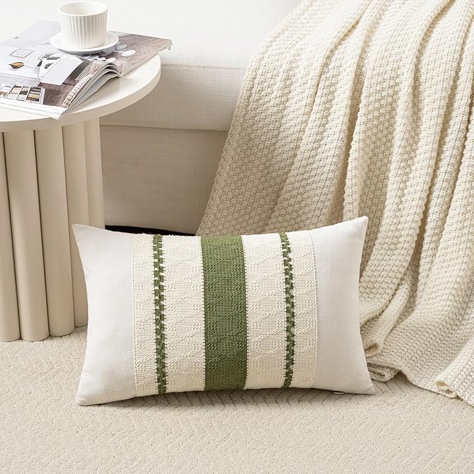 Fancy Homi Set of 2 Boho Moss Green Long Lumbar Decorative Throw Pillow Cover - Image 2