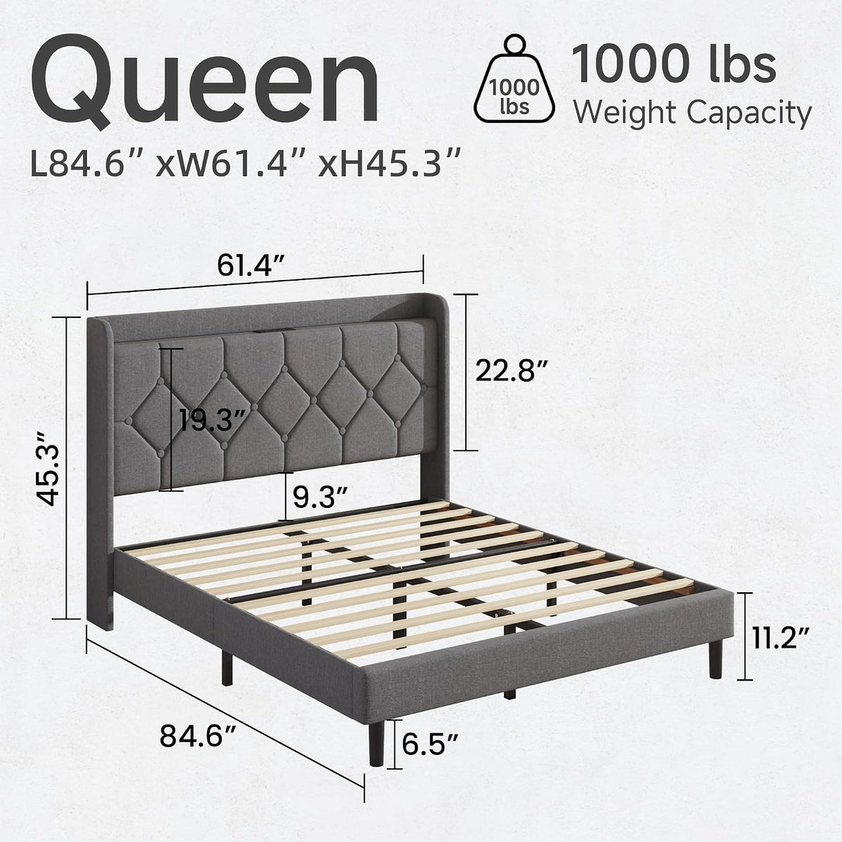 queen size bed frame, linen upholstered storage headboard& shown in use