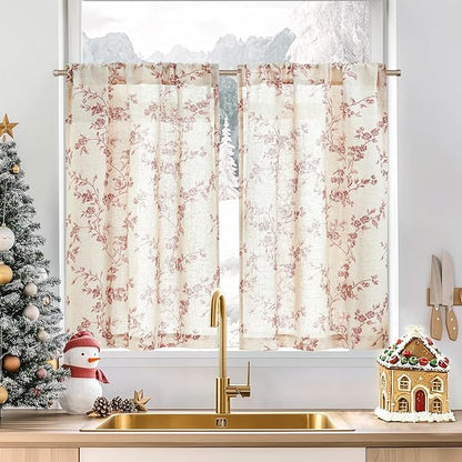jinchan Floral Kitchen Curtains 36 Inch Christmas Decor Linen Tier Curtains by JINCHAN