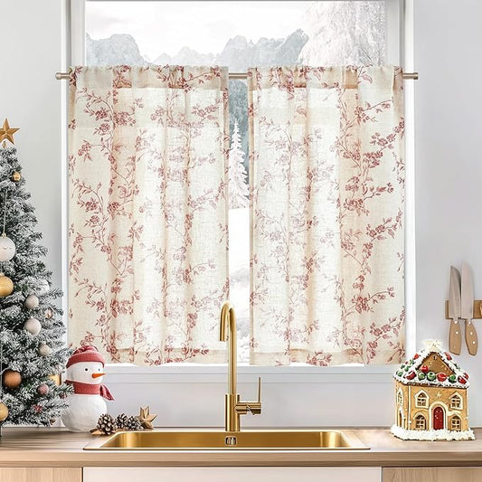 jinchan Floral Kitchen Curtains 36 Inch Christmas Decor Linen Tier Curtains by JINCHAN