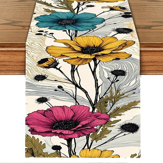 Boho Floral Table Runner – Multicolor Botanical Design, Elegant Vintage Style by THISFIND