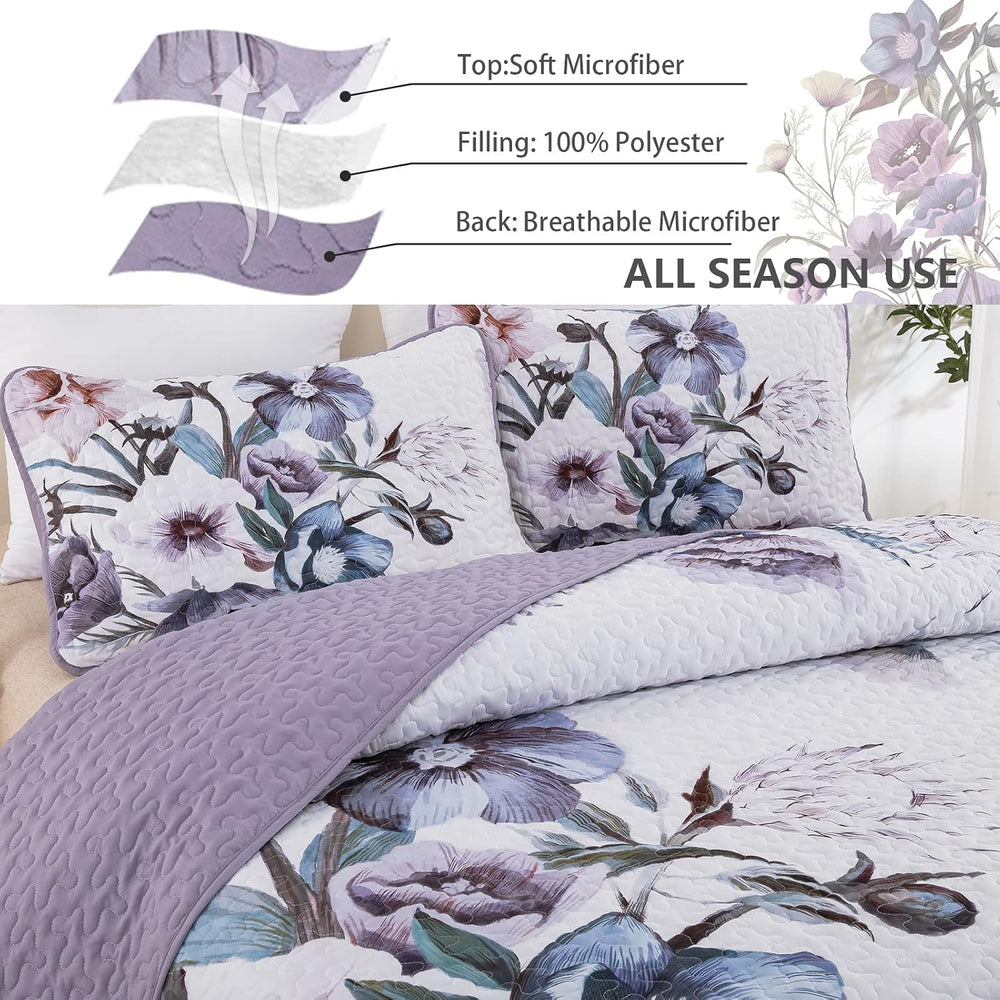 Drucon Purple Floral Quilt Set King 3 PCs Purple Botanical Flower Quilt Set