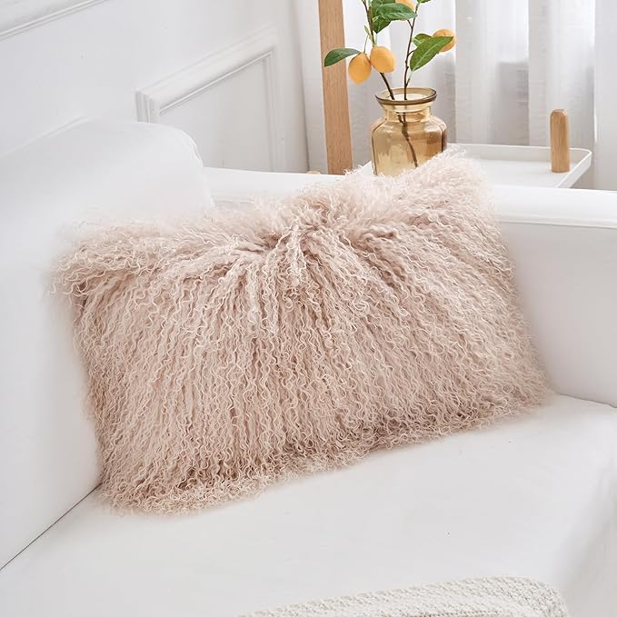 Genuine Mongolian Lamb Fur Pillow Cover – 12"x20" Rectangular Cushion Case – - Image 3