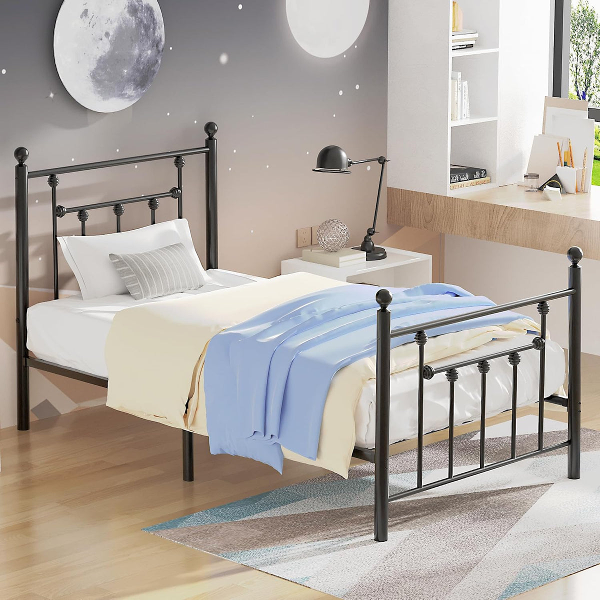 vecelo twin size metal platform bed frame with, close-up detail