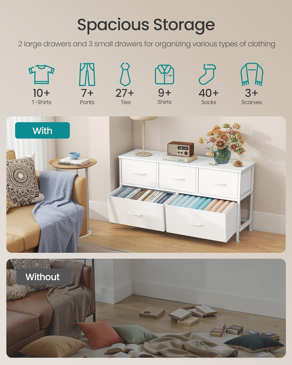 SONGMICS Dresser for Bedroom, Wide Dresser with 5 Fabric Drawers