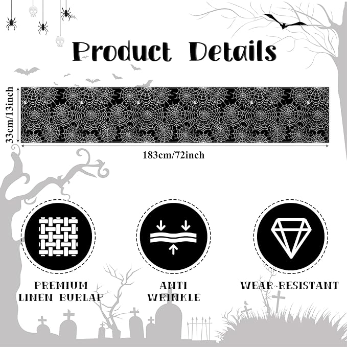 Happy Halloween Table Runner Black Spider Web Seasonal Holidays Indoor Outdoor - Image 6
