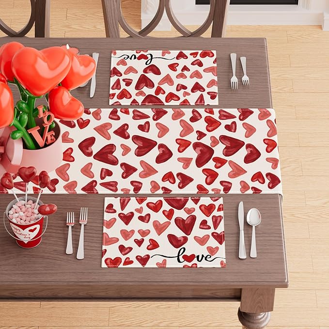 XCHI Watercolor Red Love Hearts Valentine’s Day Placemats Set of 6 Table Mats - Image 3