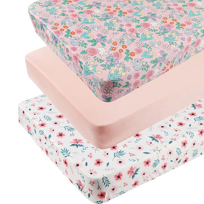 Pack n Play Sheet Stretchy Fitted Portable Mini Crib Sheets Set 3 Pack by Tontukatu