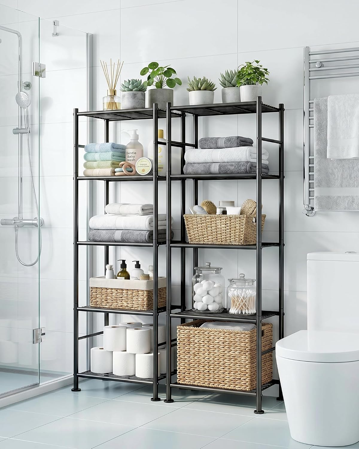 sakugi 2-pack 5-tier metal storage shelves, 18.4"x12.6"x57.4", black shown in use