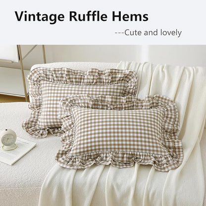 Aryeleay 2 Pack Taupe White Plaid Ruffle Throw Pillow Covers, 100% Cotton - Image 3