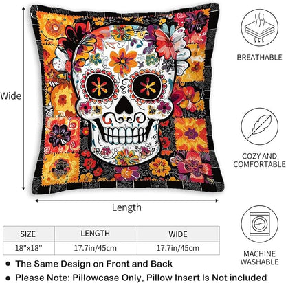 Throw Pillow Covers 20x20 Set of 2, Sugar Skull Cushion Covers, Decorative - Image 3